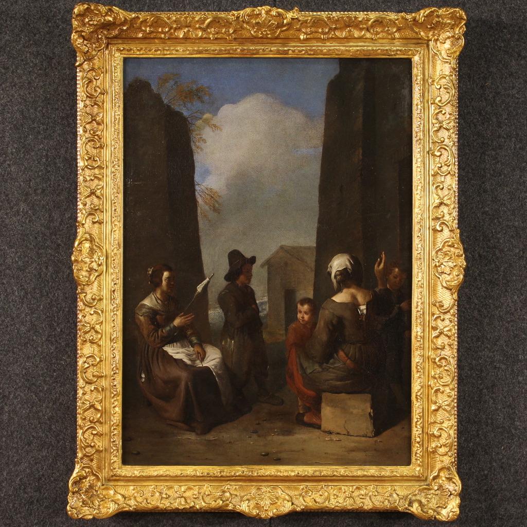 Antique Italian painting from the 17th century. Artwork oil on canvas depicting a genre scene of excellent pictorial quality. Painting that develops vertically, of beautiful size and proportion, belonging to the Bamboccianti school (field of Jan