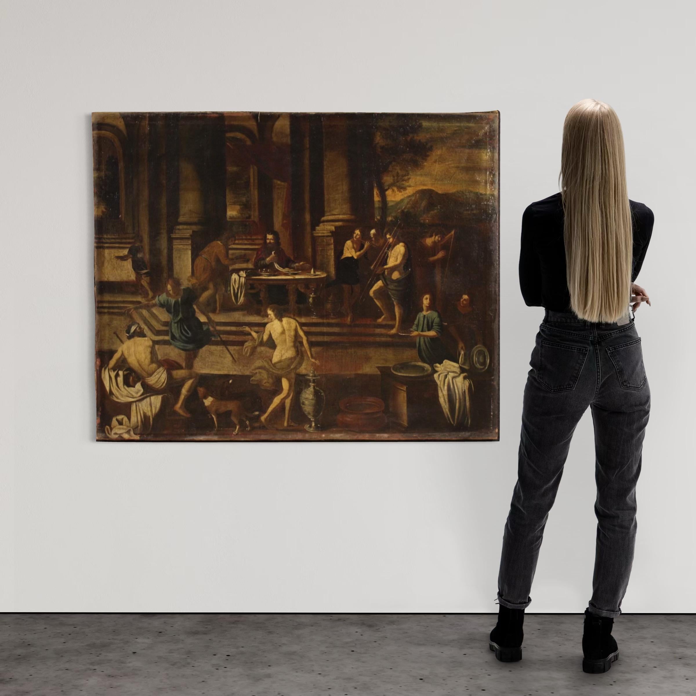 Antique Italian painting from the mid-17th century. Oil on canvas artwork, first canvas, depicting a biblical episode of great charm, Herod's banquet, of excellent pictorial quality. The scene takes place within a monumental architecture where we