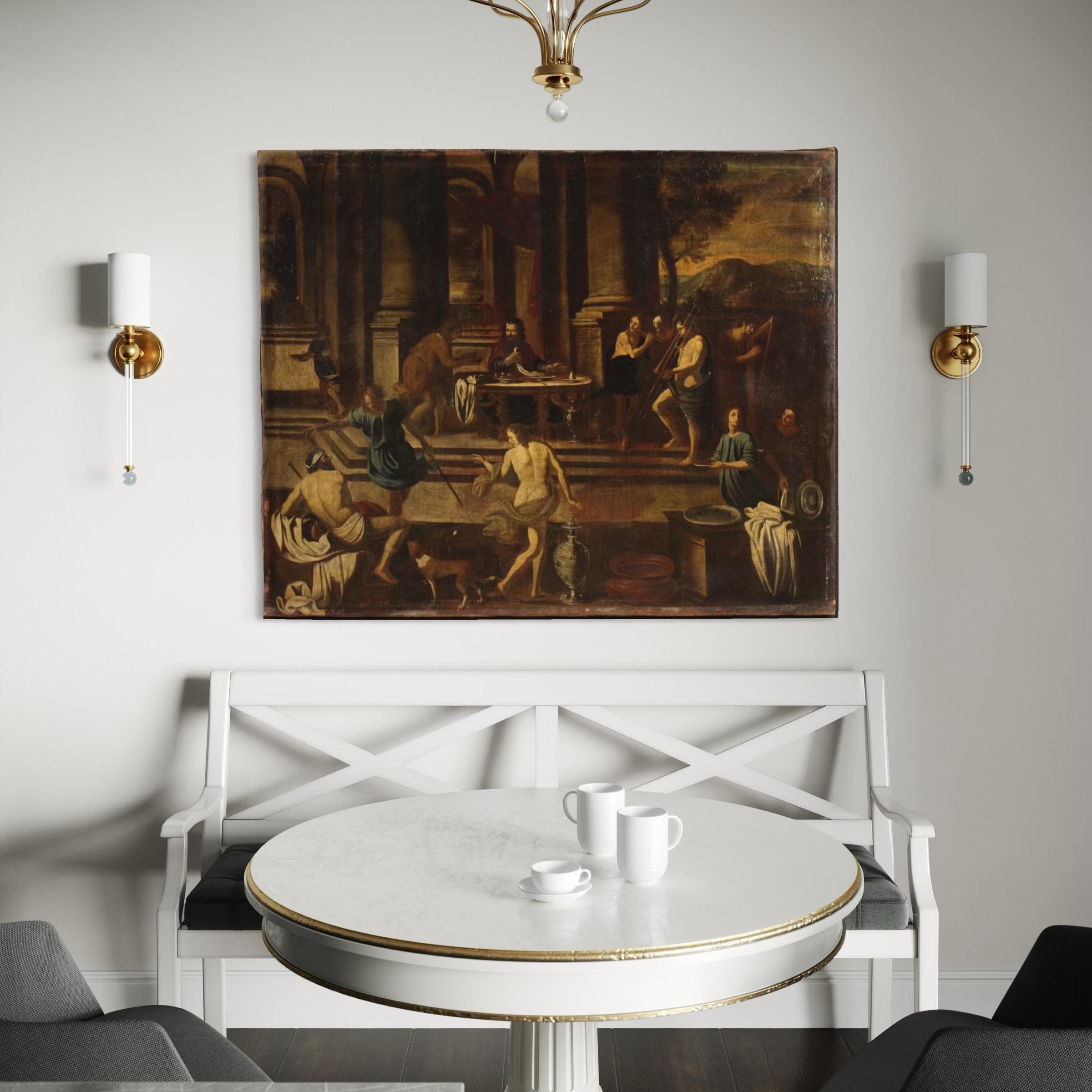 A olio 17th century Oil on Canvas Italian Biblical Painting Herod's Banquet, 1650 in vendita