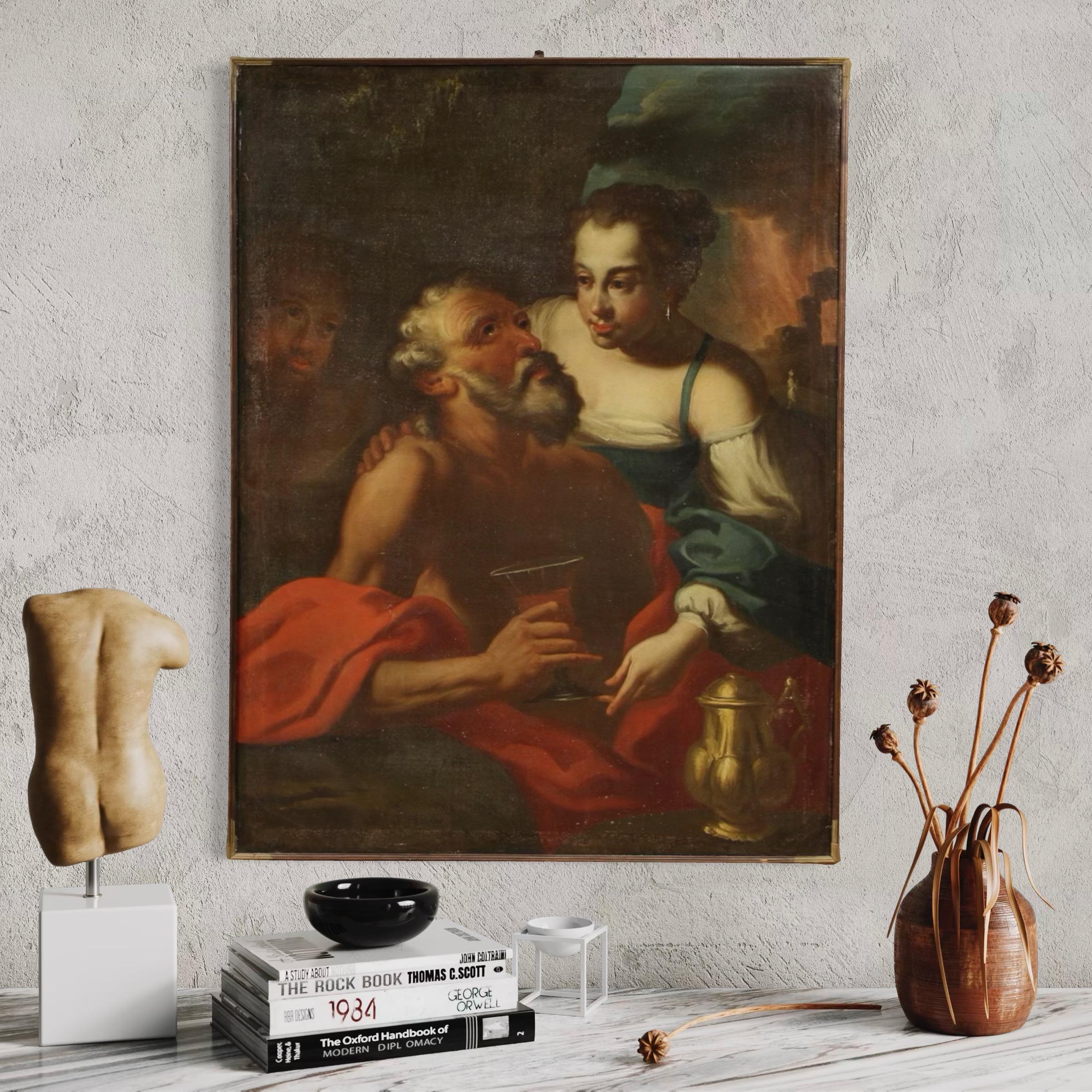17th Century Oil on Canvas Italian Biblical Painting Lot and his Daughters, 1650 en vente 7