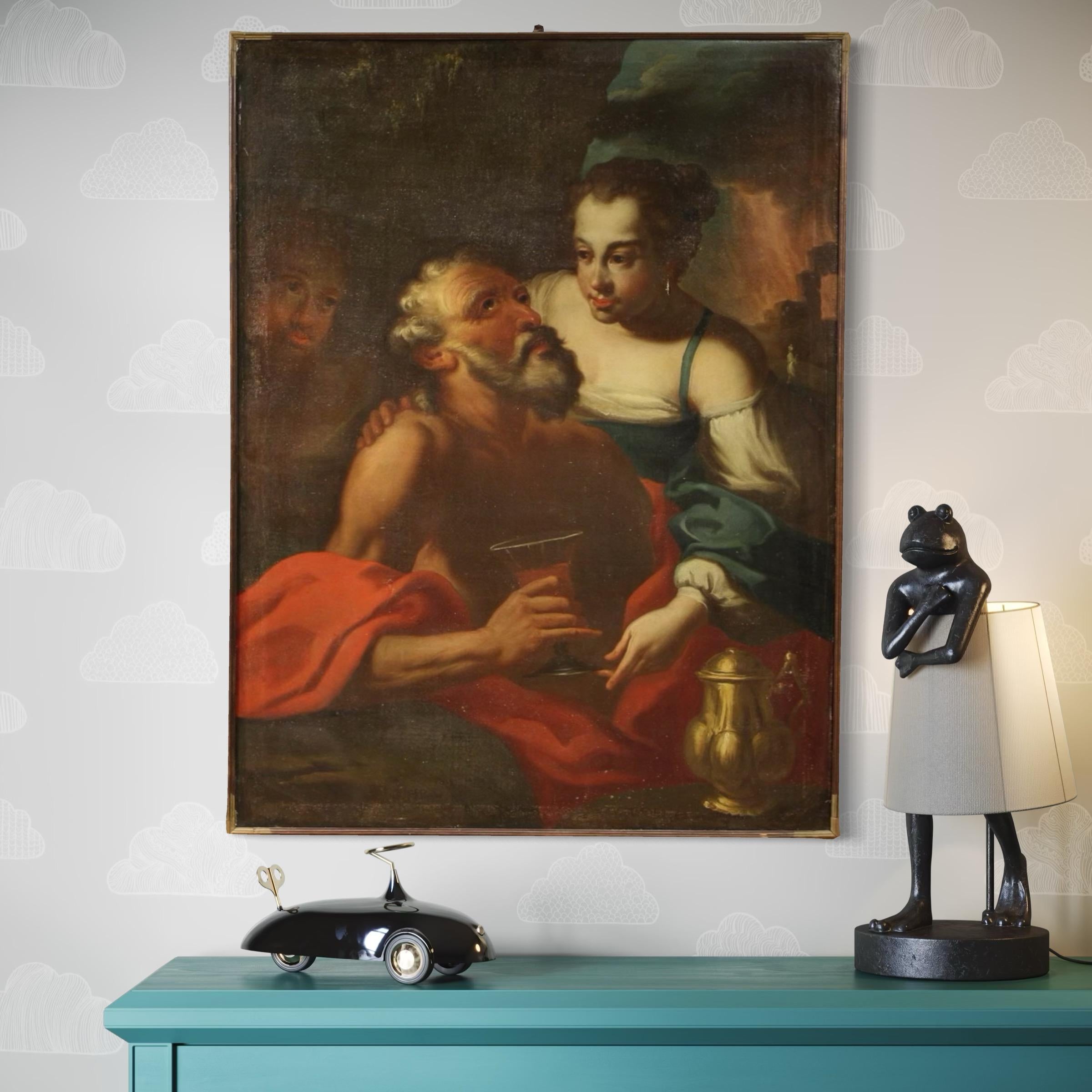 17th Century Oil on Canvas Italian Biblical Painting Lot and his Daughters, 1650 en vente 8