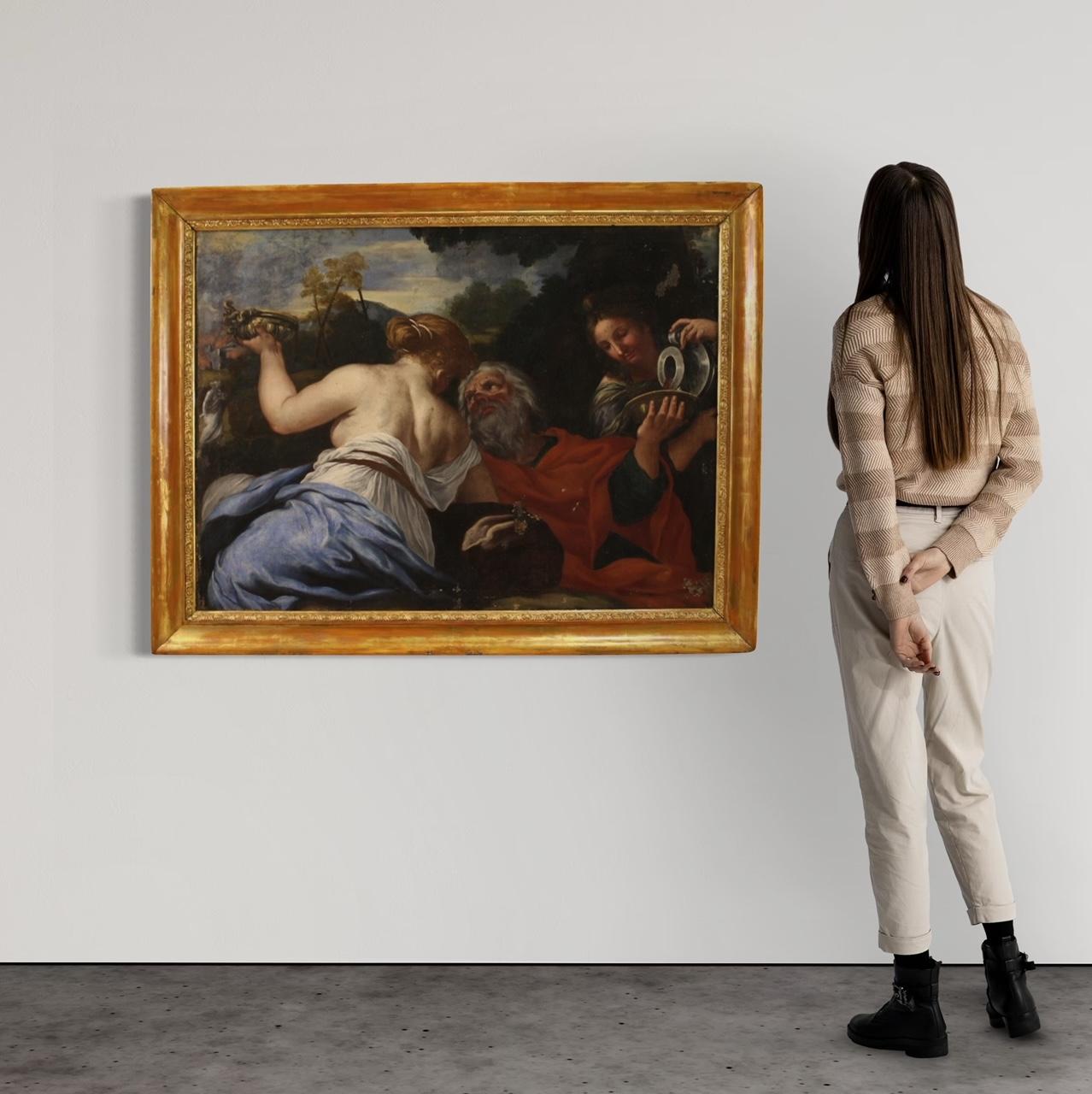 Italienische Malerei aus der Mitte des 17. Jahrhunderts. Hochwertiges Öl auf Leinwand mit der Darstellung einer bekannten biblischen Episode, Lot und seine Töchter. Abrahams Neffe hatte zwei Engel aus den Klauen der Stadtbewohner gerettet, die ihn