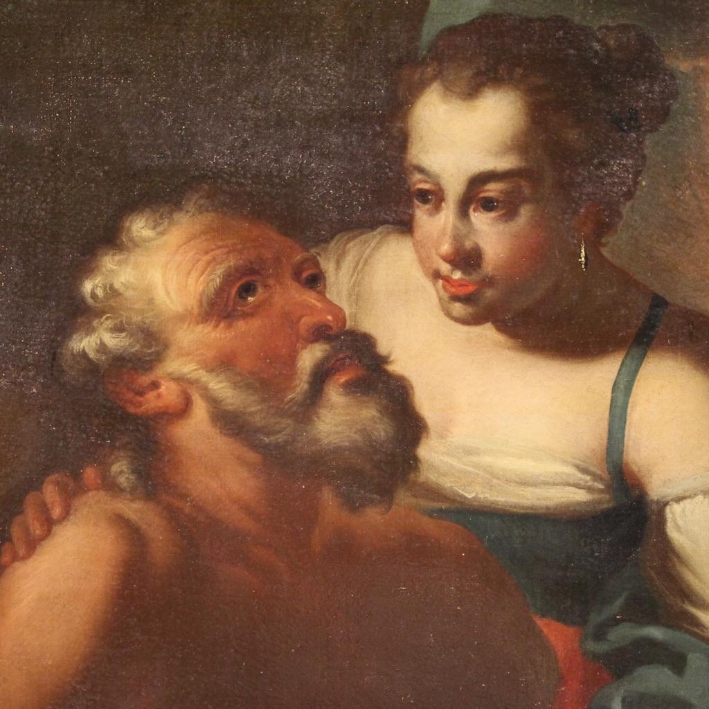 17th Century Oil on Canvas Italian Biblical Painting Lot and his Daughters, 1650 Bon état - En vente à Vicoforte, Piedmont