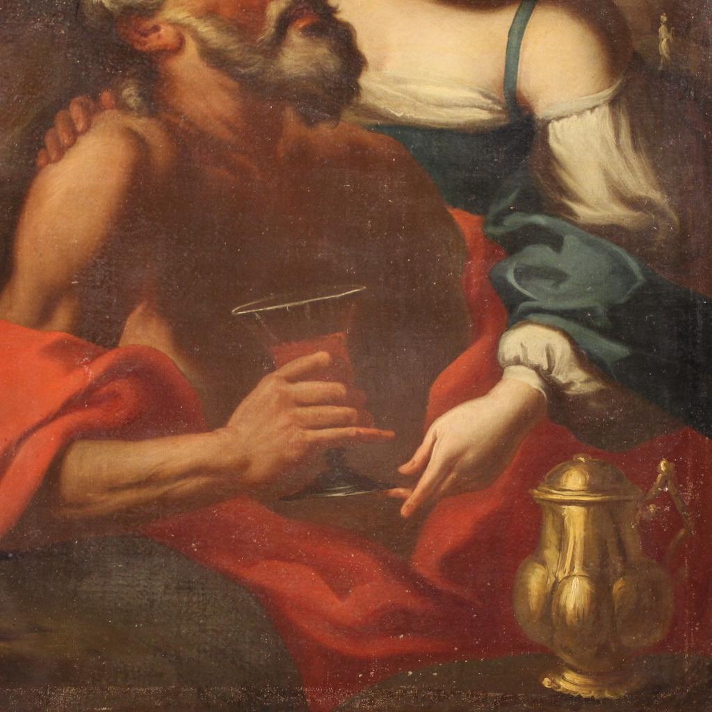 Mid-17th Century 17th Century Oil on Canvas Italian Biblical Painting Lot and his Daughters, 1650 en vente