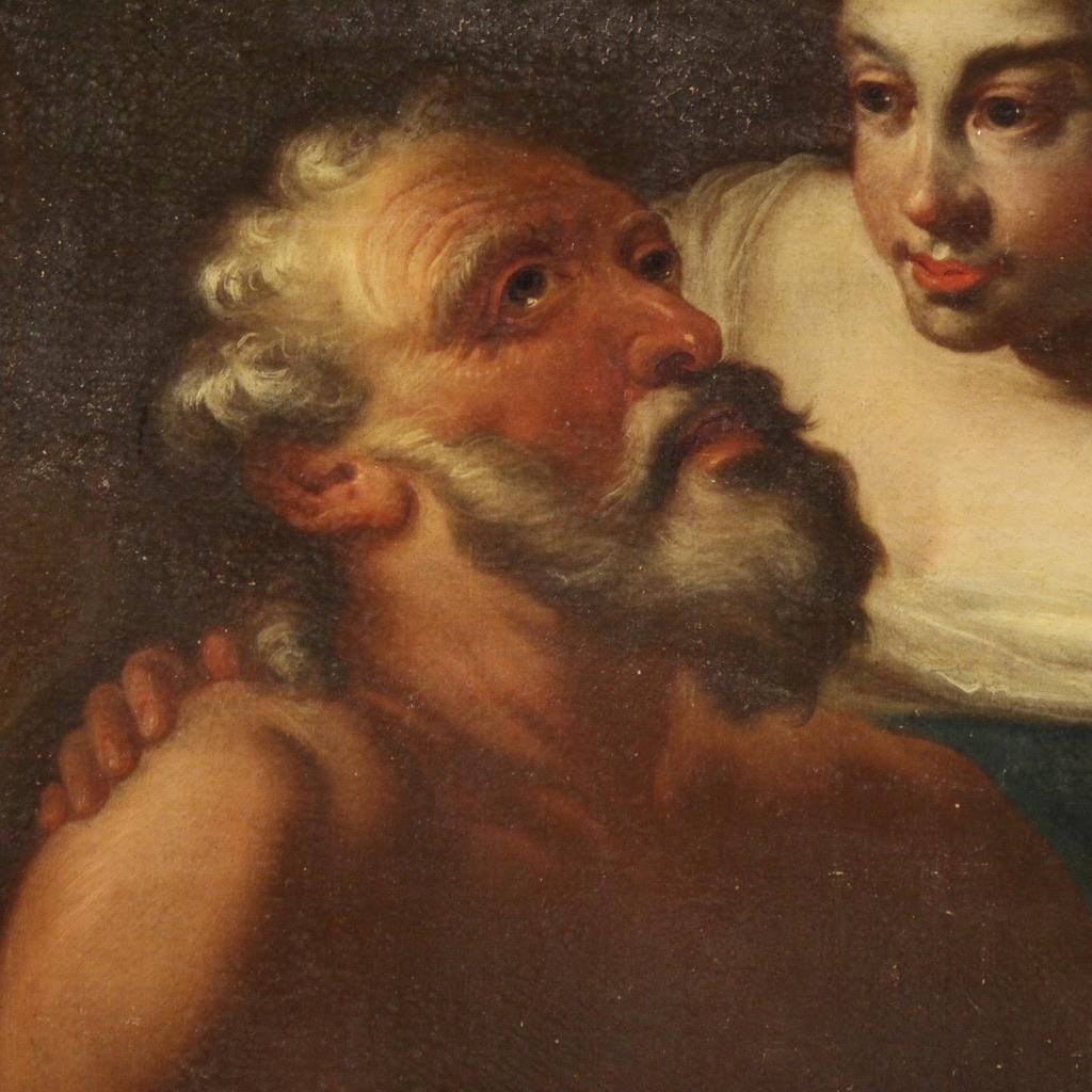 Toile 17th Century Oil on Canvas Italian Biblical Painting Lot and his Daughters, 1650 en vente