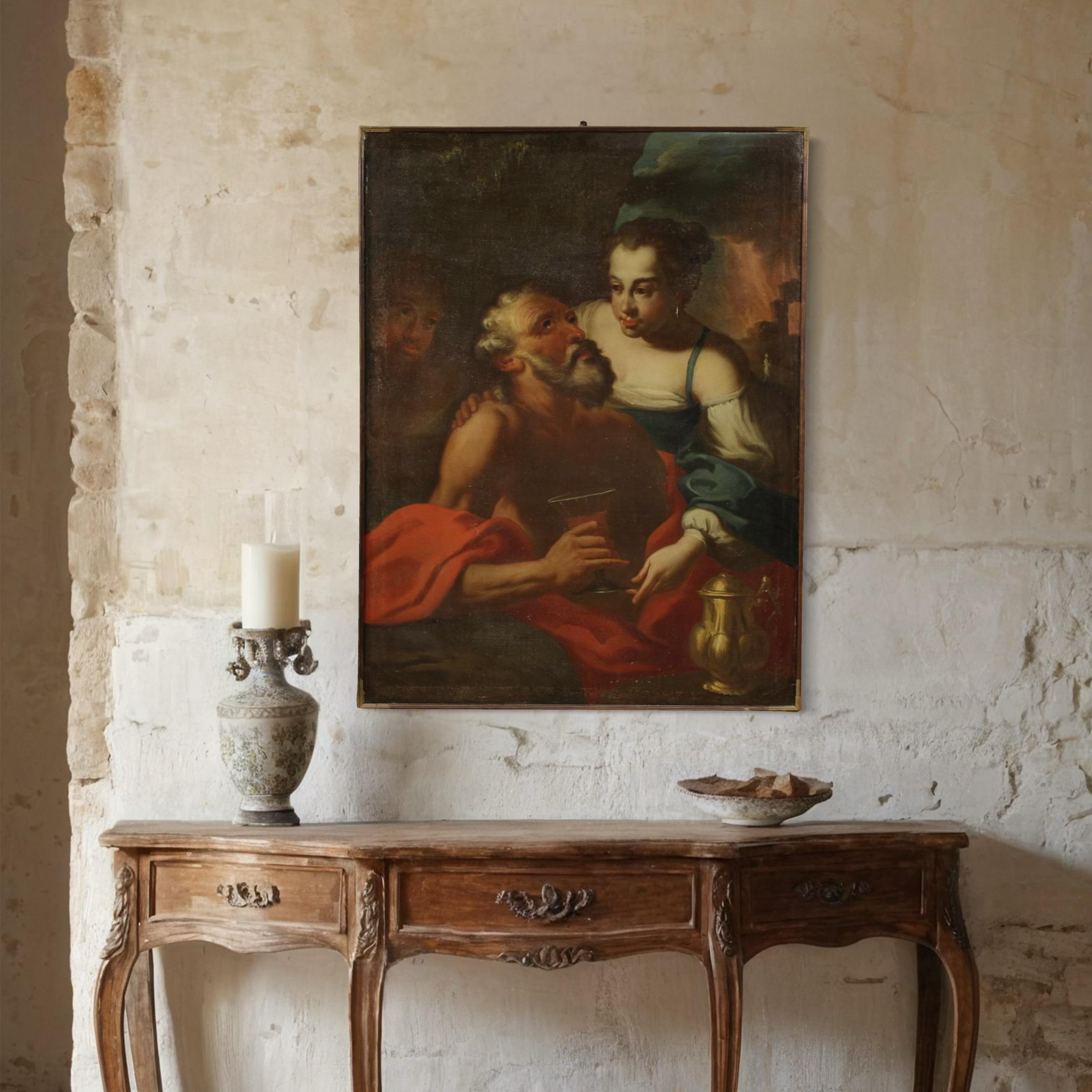 17th Century Oil on Canvas Italian Biblical Painting Lot and his Daughters, 1650 en vente 3