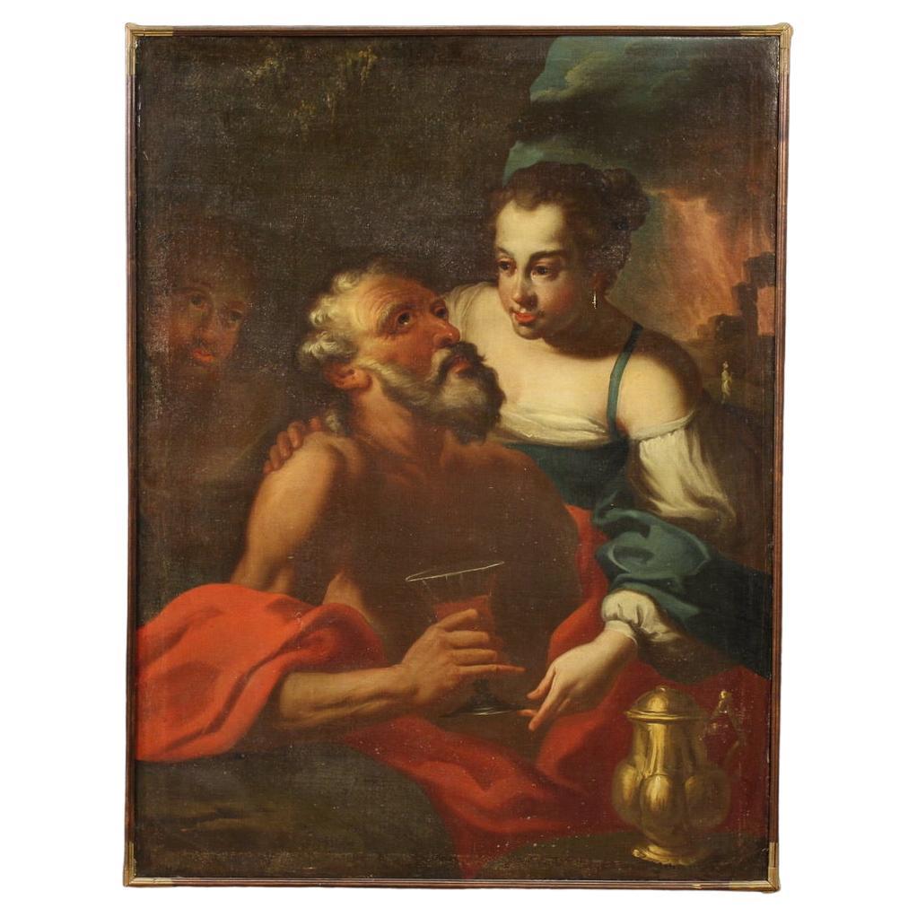 17th Century Oil on Canvas Italian Biblical Painting Lot and his Daughters, 1650