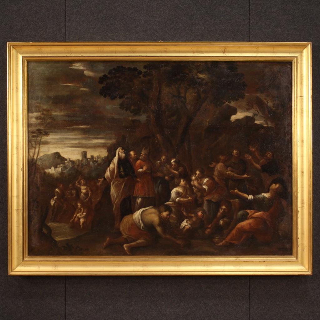 Ancient Italian painting from the second half of the 17th century. Framework oil on canvas depicting biblical subject Manna from heaven of excellent pictorial quality. Modern wooden frame, carved and gilded, of beautiful decoration. Painting of