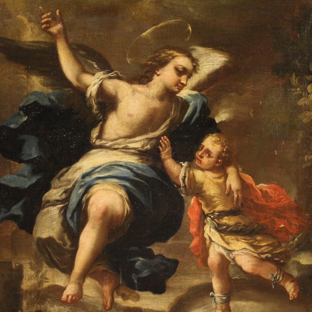 Wonderful 17th century Italian painting. Oil on canvas artwork depicting Tobias and the angel Raphael, a famous biblical episode from the Book of Tobit. In the story, the young Tobias is guided by the archangel on an initiatory journey and Raphael