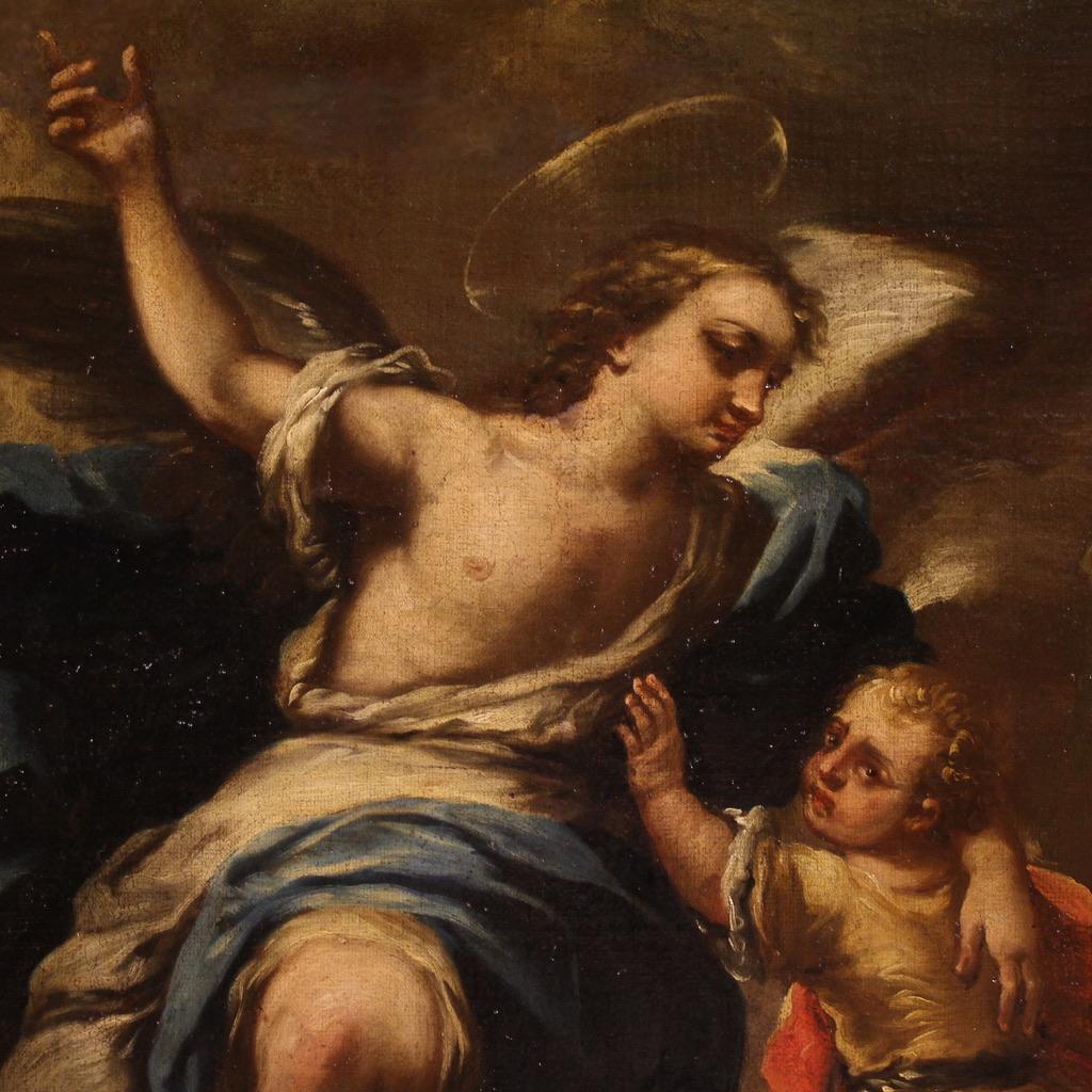Toile 17th Century Oil on Canvas Italian Biblical Painting Tobias And The Angel, 1660 en vente