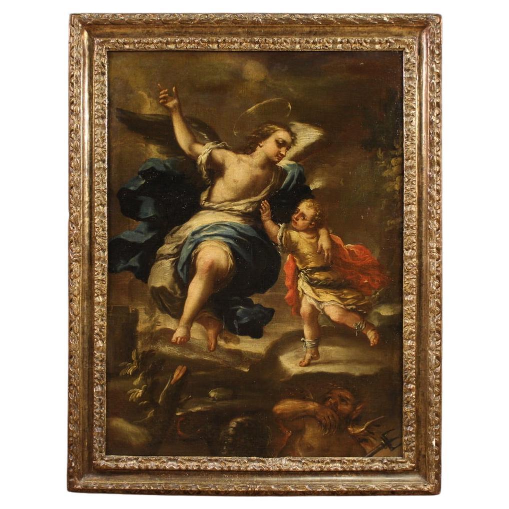 17th Century Oil on Canvas Italian Biblical Painting Tobias And The Angel, 1660