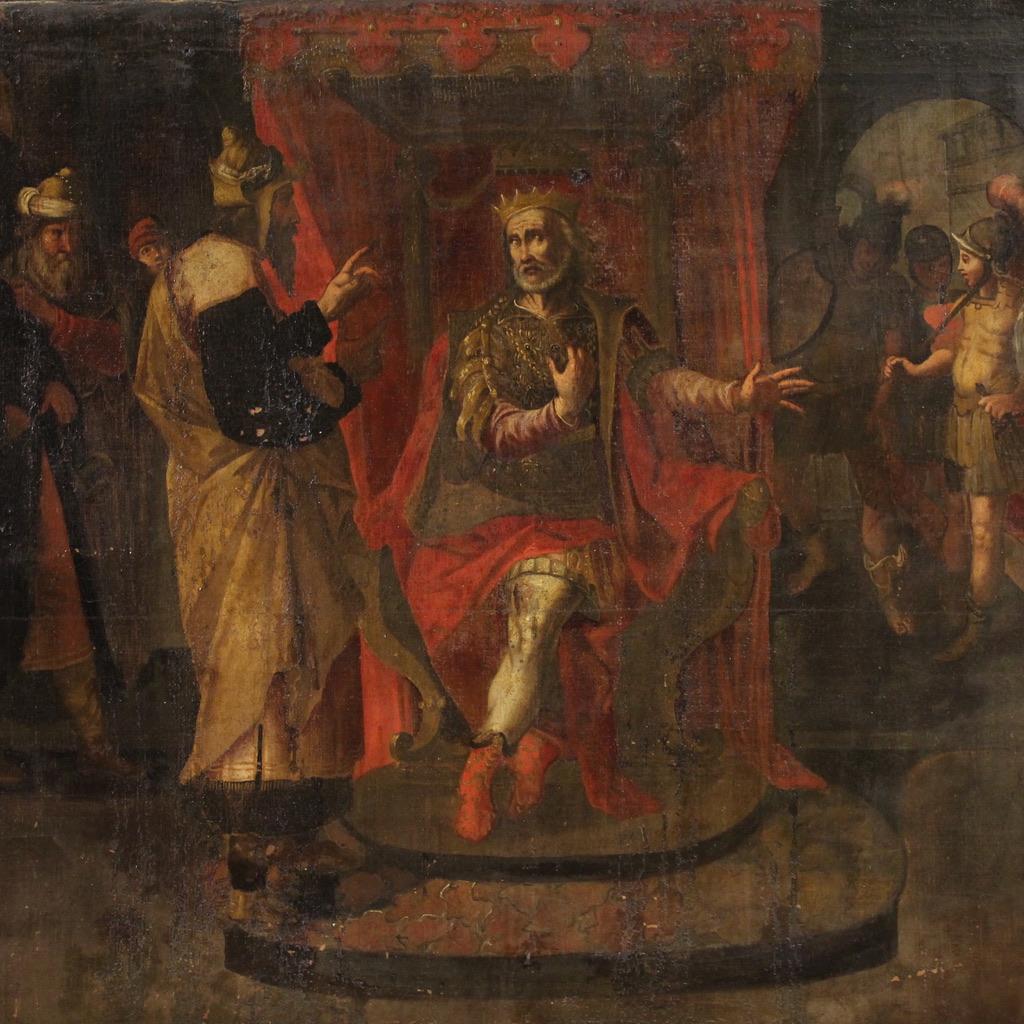 Antique Italian painting from the 17th century. Oil on canvas artwork, first canvas, depicting a biblical subject, King David admonished by the prophet Nathan, of good pictorial quality. Painting that develops horizontally, in the center we find
