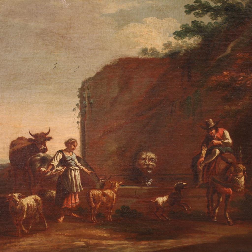 Roman school of the second half of the 17th century. Oil painting on canvas depicting a wonderful pastoral scene with figures and animals at the fountain. In the center of the painting we find a young washerwoman next to some ruins, an ancient