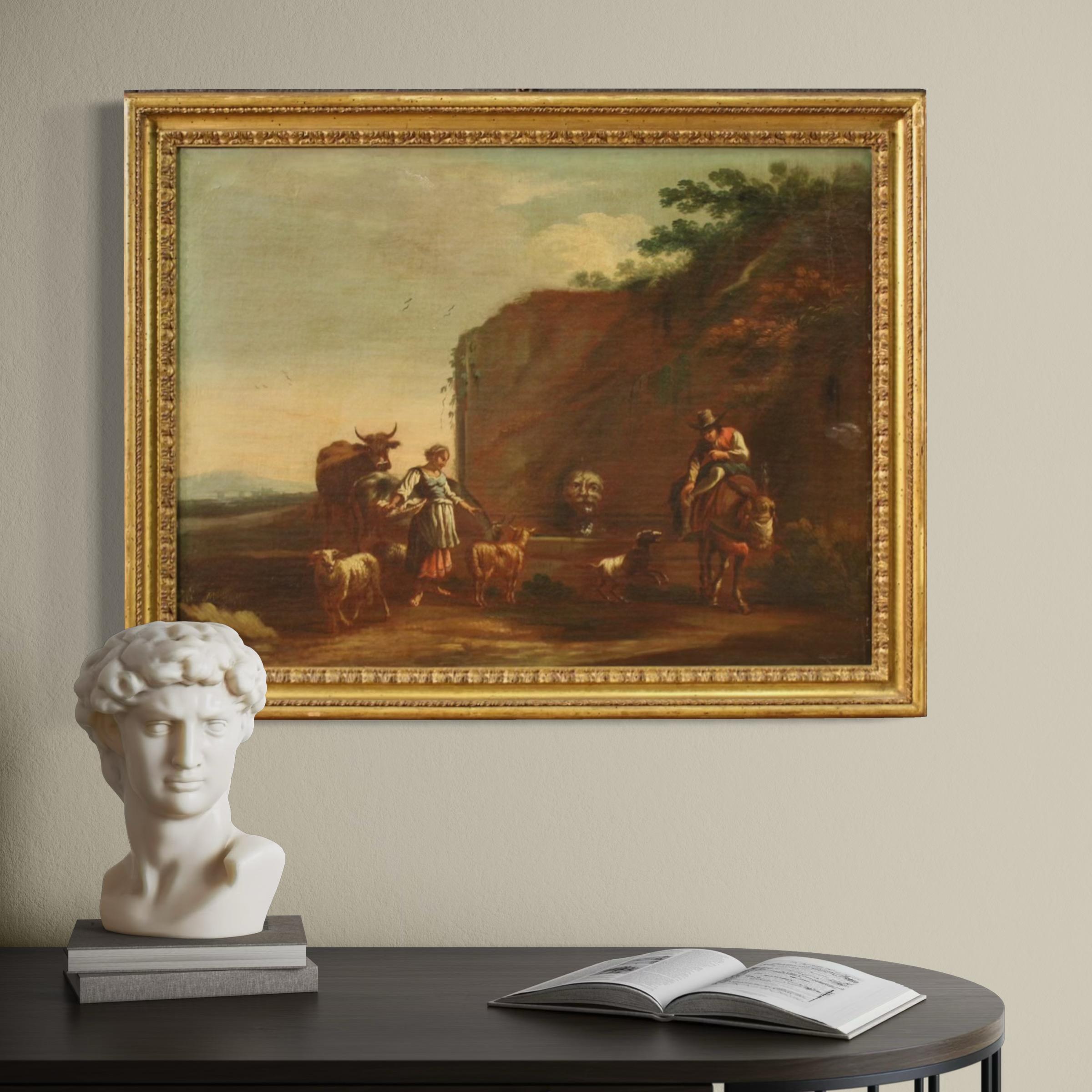 Late 17th Century 17th Century Oil on Canvas Italian Bucolic Landscape Painting, 1680 in vendita