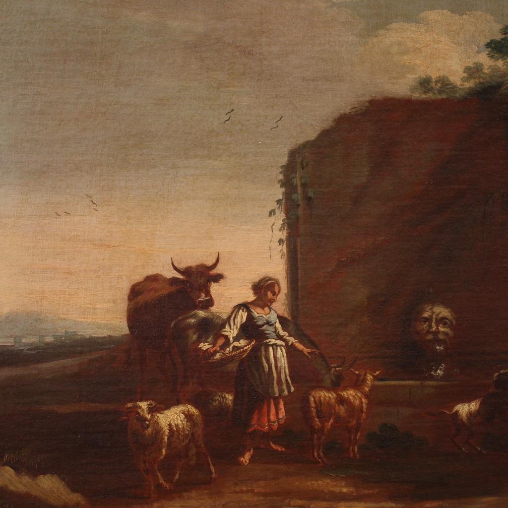 Tela 17th Century Oil on Canvas Italian Bucolic Landscape Painting, 1680 in vendita