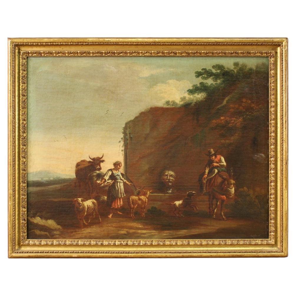 17th Century Oil on Canvas Italian Bucolic Landscape Painting, 1680