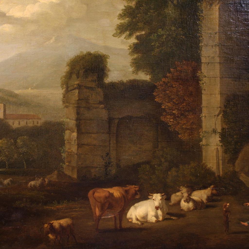 17. Jahrhundert Öl auf Leinwand Italienische Bukolische Landschaft mit Ruinen Gemälde, 1680 im Angebot 5