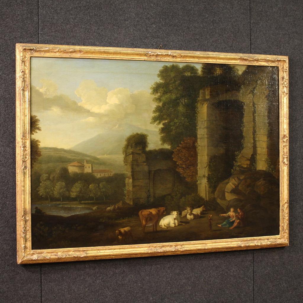 17. Jahrhundert Öl auf Leinwand Italienische Bukolische Landschaft mit Ruinen Gemälde, 1680 im Angebot 6