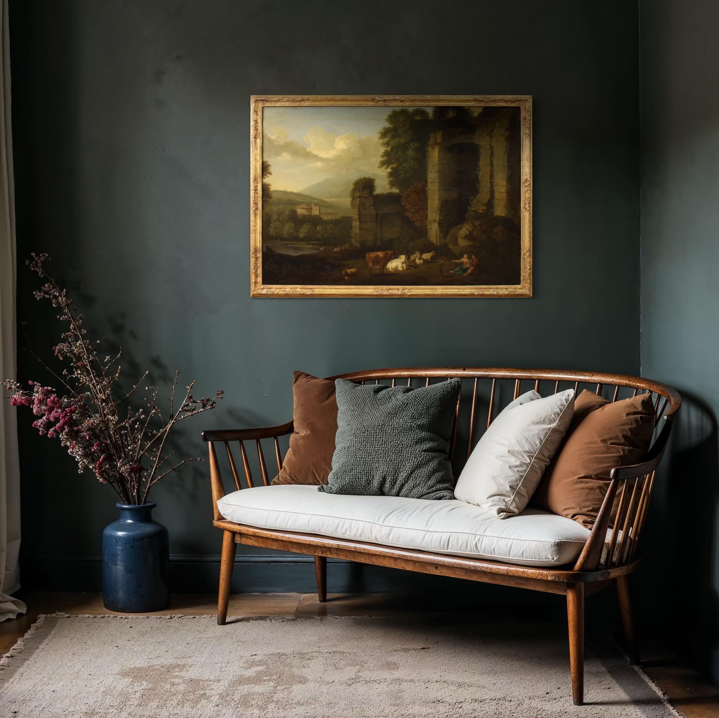 17. Jahrhundert Öl auf Leinwand Italienische Bukolische Landschaft mit Ruinen Gemälde, 1680 im Angebot 7
