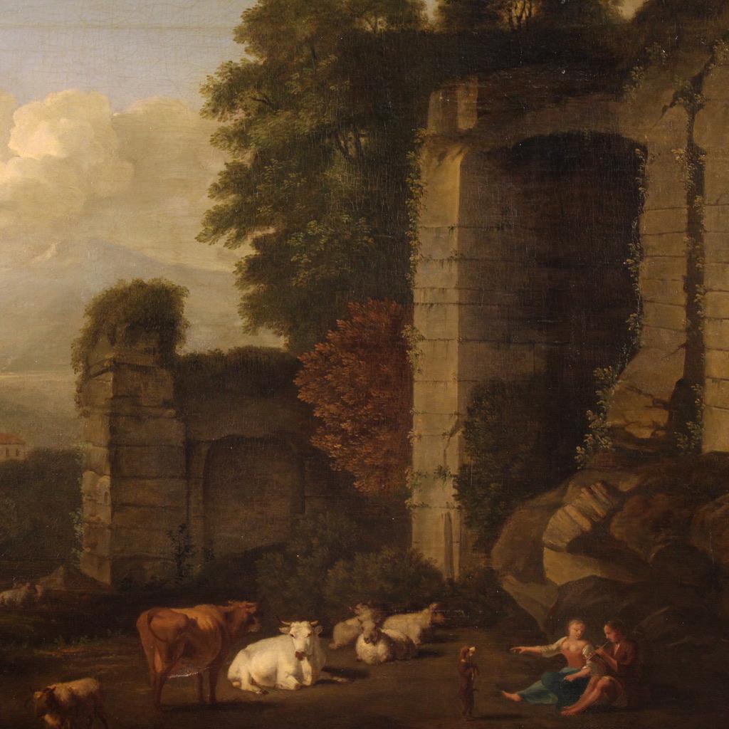 Wunderschönes italienisches Gemälde aus der zweiten Hälfte des 17. Jahrhunderts. Kunstwerk in Öl auf Leinwand, das eine herrliche pastorale Szene mit Elementen der klassischen Arkadien darstellt, die an die Tradition der römischen Schule des späten
