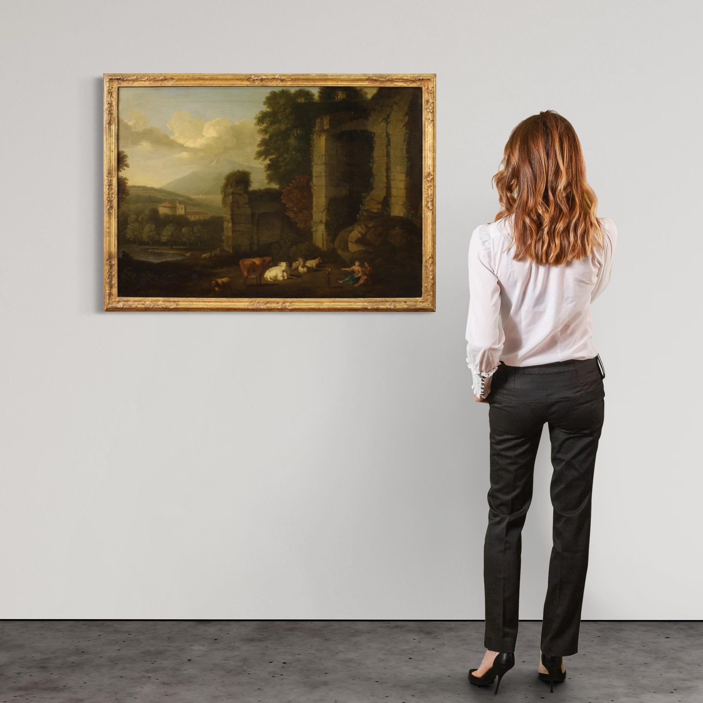 17. Jahrhundert Öl auf Leinwand Italienische Bukolische Landschaft mit Ruinen Gemälde, 1680 (Italian) im Angebot