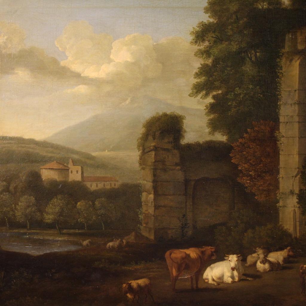 17. Jahrhundert Öl auf Leinwand Italienische Bukolische Landschaft mit Ruinen Gemälde, 1680 (Geölt) im Angebot