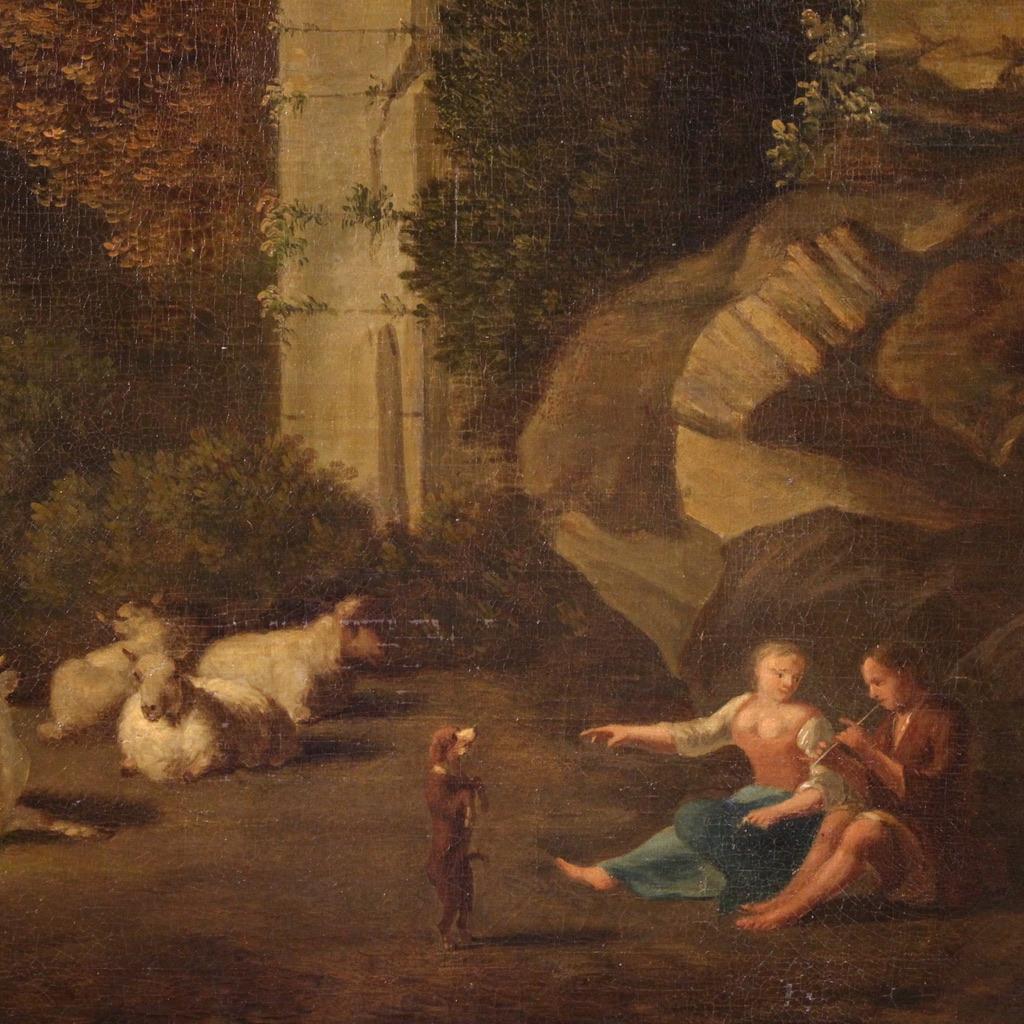 17. Jahrhundert Öl auf Leinwand Italienische Bukolische Landschaft mit Ruinen Gemälde, 1680 im Zustand „Gut“ im Angebot in Vicoforte, Piedmont