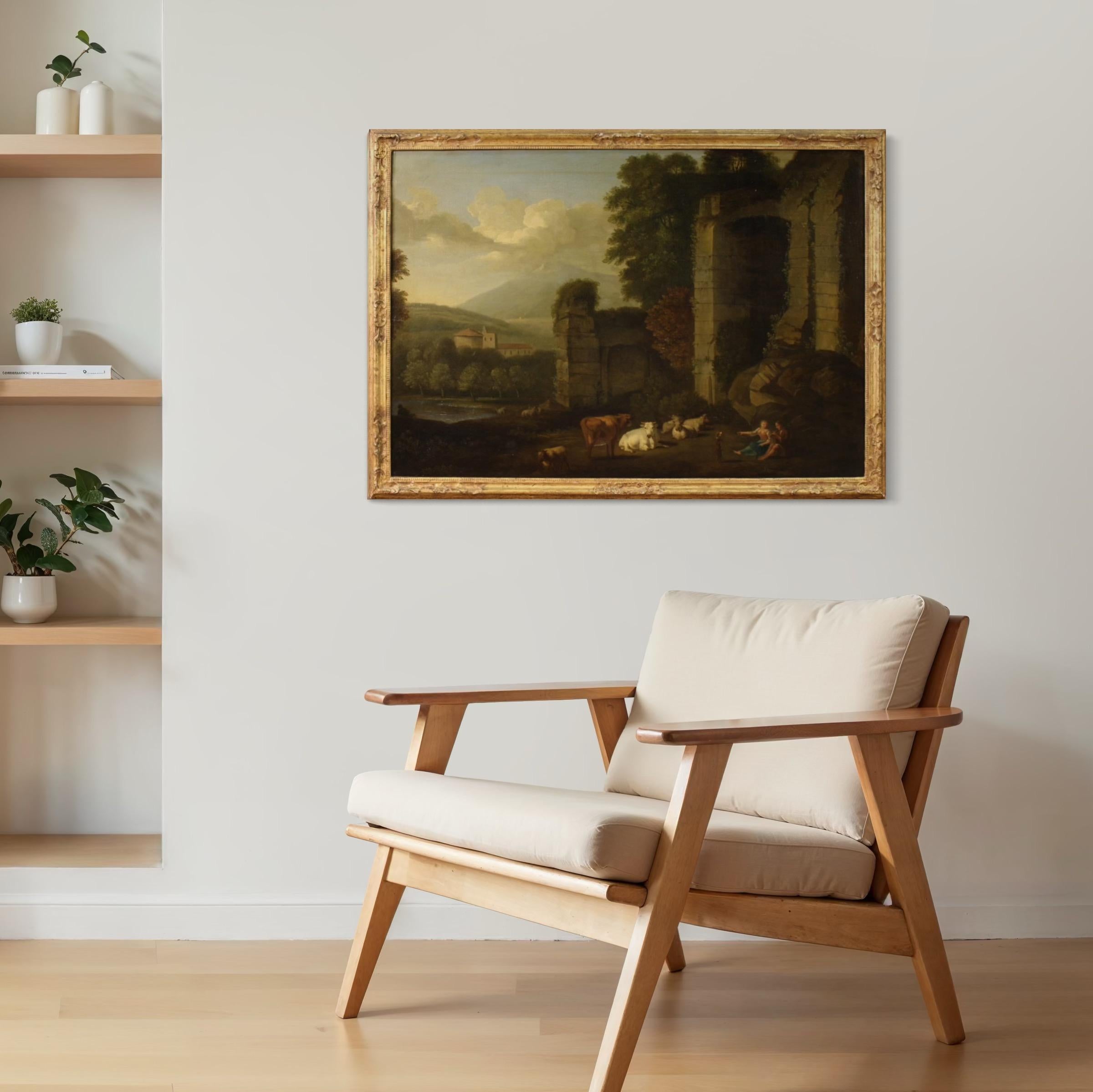 17. Jahrhundert Öl auf Leinwand Italienische Bukolische Landschaft mit Ruinen Gemälde, 1680 (Late 17th Century) im Angebot