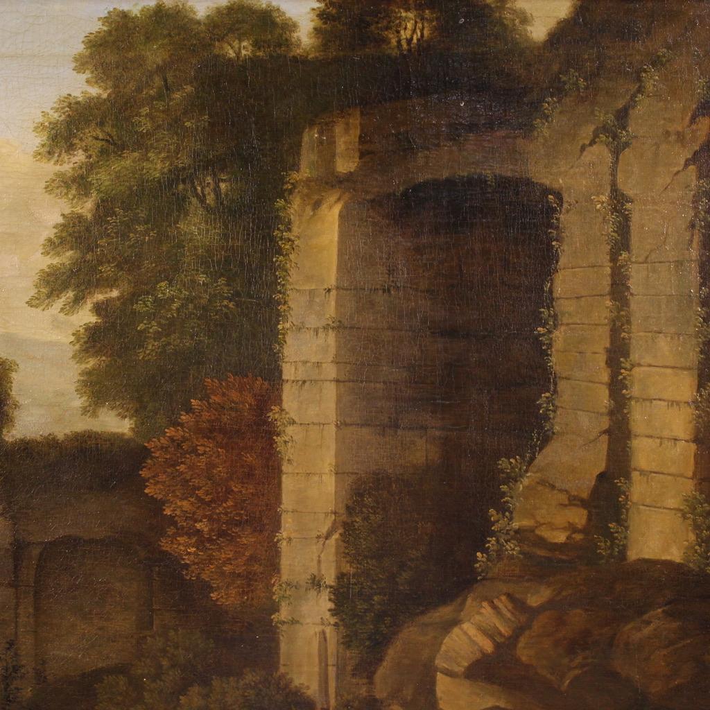 17. Jahrhundert Öl auf Leinwand Italienische Bukolische Landschaft mit Ruinen Gemälde, 1680 im Angebot 3
