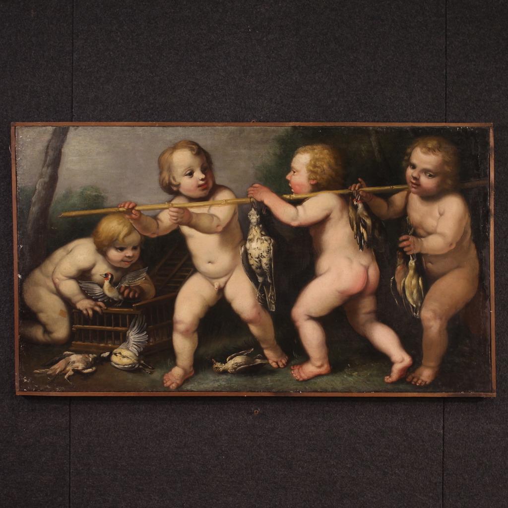 Antique painting from the second half of the 17th century. Oil on canvas artwork depicting an allegorical subject from the Rudolphine school, a game of cherubs with wild game, of excellent pictorial quality. The Rudolphine school, also known as the
