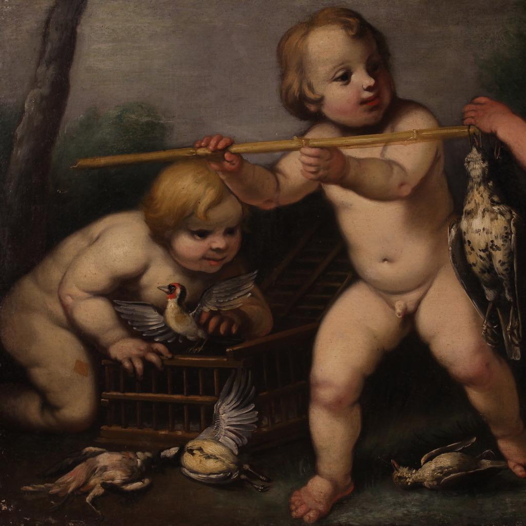 17th Century Oil on Canvas Rudolphine School Cherubs Game Antique Painting, 1670 In Good Condition For Sale In Vicoforte, Piedmont
