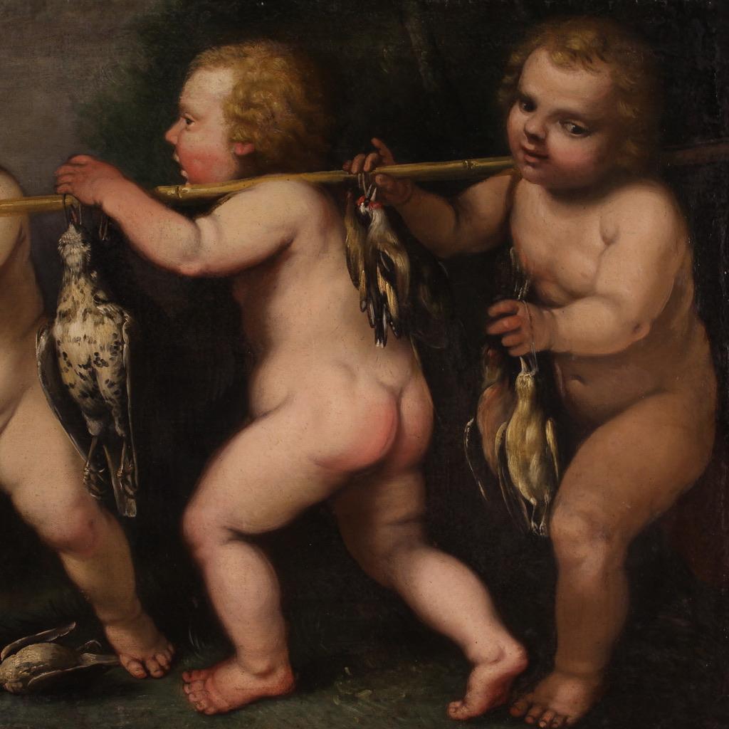 Late 17th Century 17th Century Oil on Canvas Rudolphine School Cherubs Game Antique Painting, 1670 For Sale