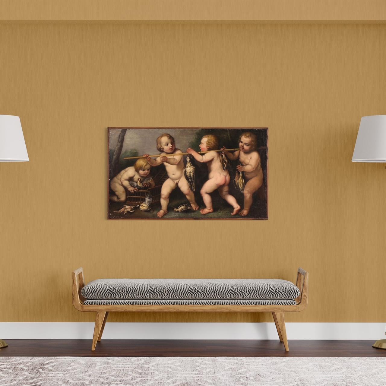 17th Century Oil on Canvas Rudolphine School Cherubs Game Antique Painting, 1670 For Sale 1