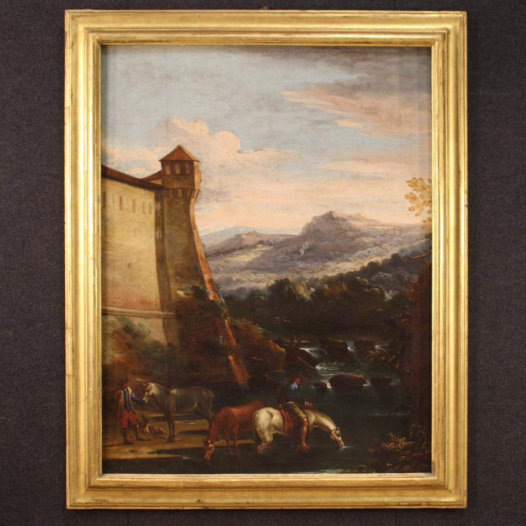 Antique Italian painting from the 17th century. Oil on canvas framework depicting landscape with knights and castle of good pictorial quality. Antique carved and gilded frame of beautiful decoration with some small drops of color (see picture).