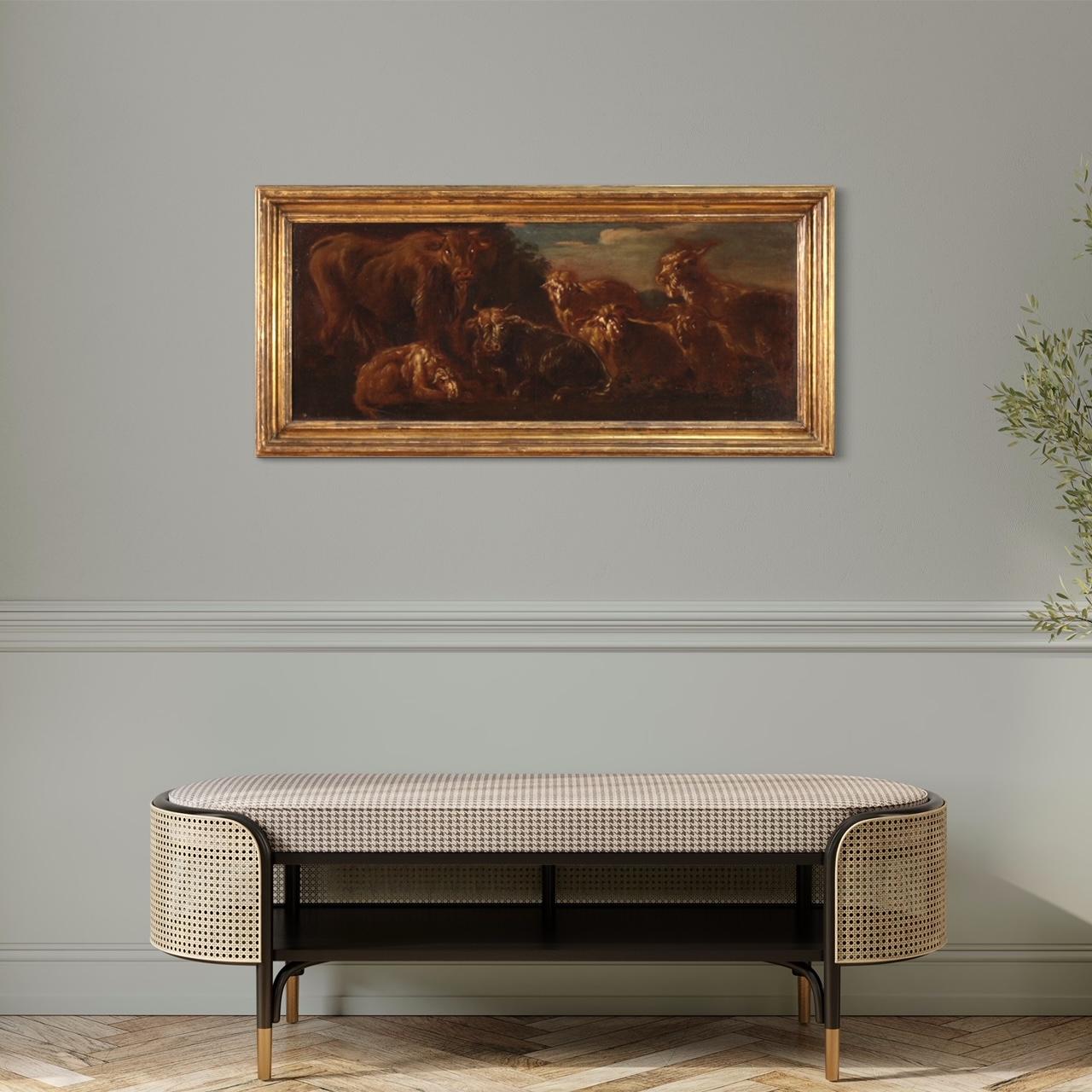 Antique Italian painting from the second half of the 17th century. Artwork oil on canvas depicting a particular subject Grazing animals of good pictorial quality in the style of Rosa da Tivoli. Painting that develops horizontally, of interesting