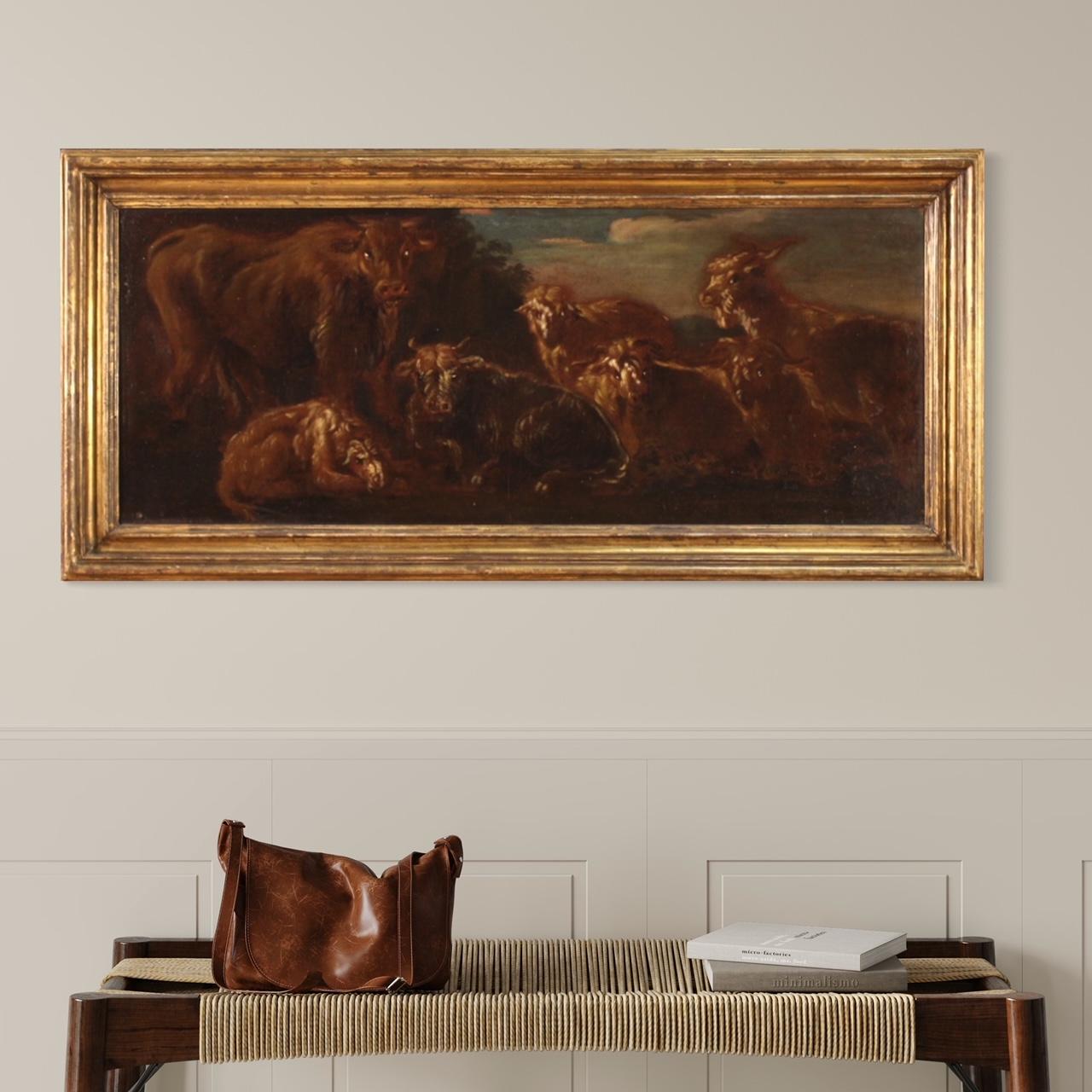 17th Century Oil on Canvas Italian Landscape with Animals Painting, 1680 In condizioni buone in vendita a Vicoforte, Piedmont