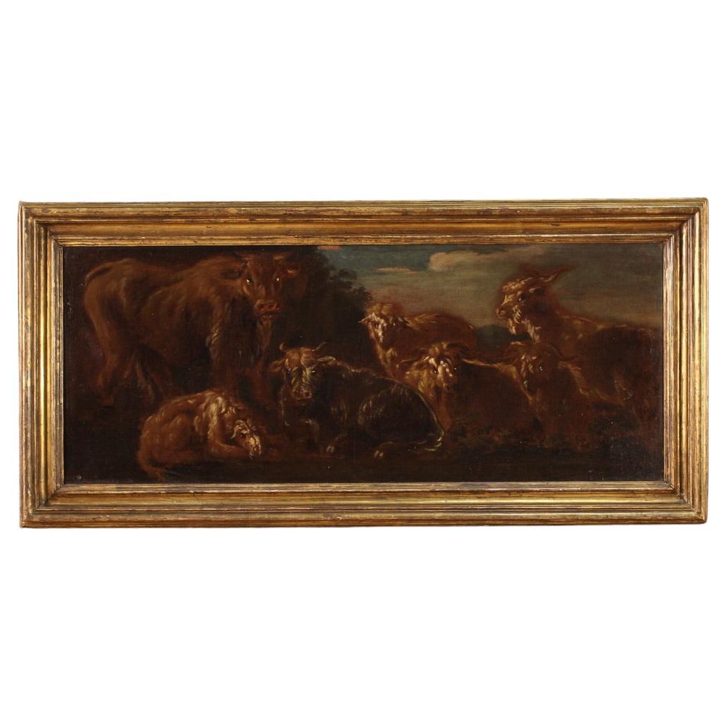 17th Century Oil on Canvas Italian Landscape with Animals Painting, 1680 in vendita