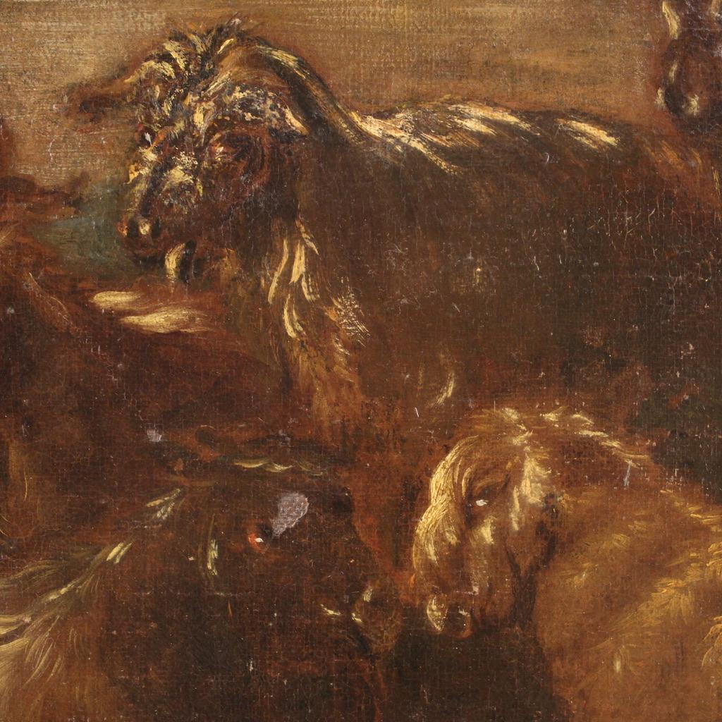 17th Century Oil on Canvas Italian Landscape with Goats Painting, 1680 in vendita 7
