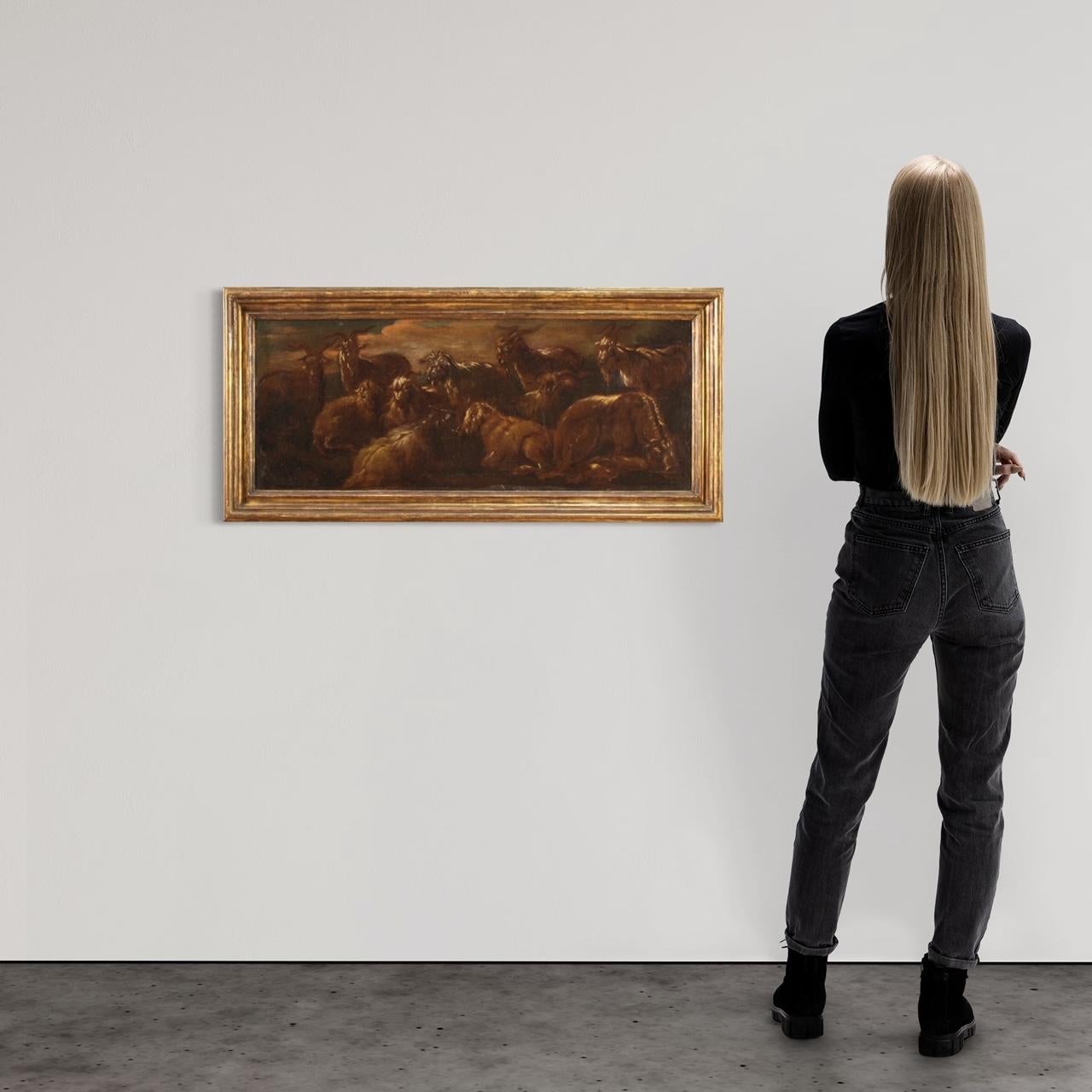 Antique Italian painting from the second half of the 17th century. Painting oil on canvas depicting a particular subject Grazing animals of good pictorial quality in the style of Rosa da Tivoli. Painting that develops horizontally, of interesting