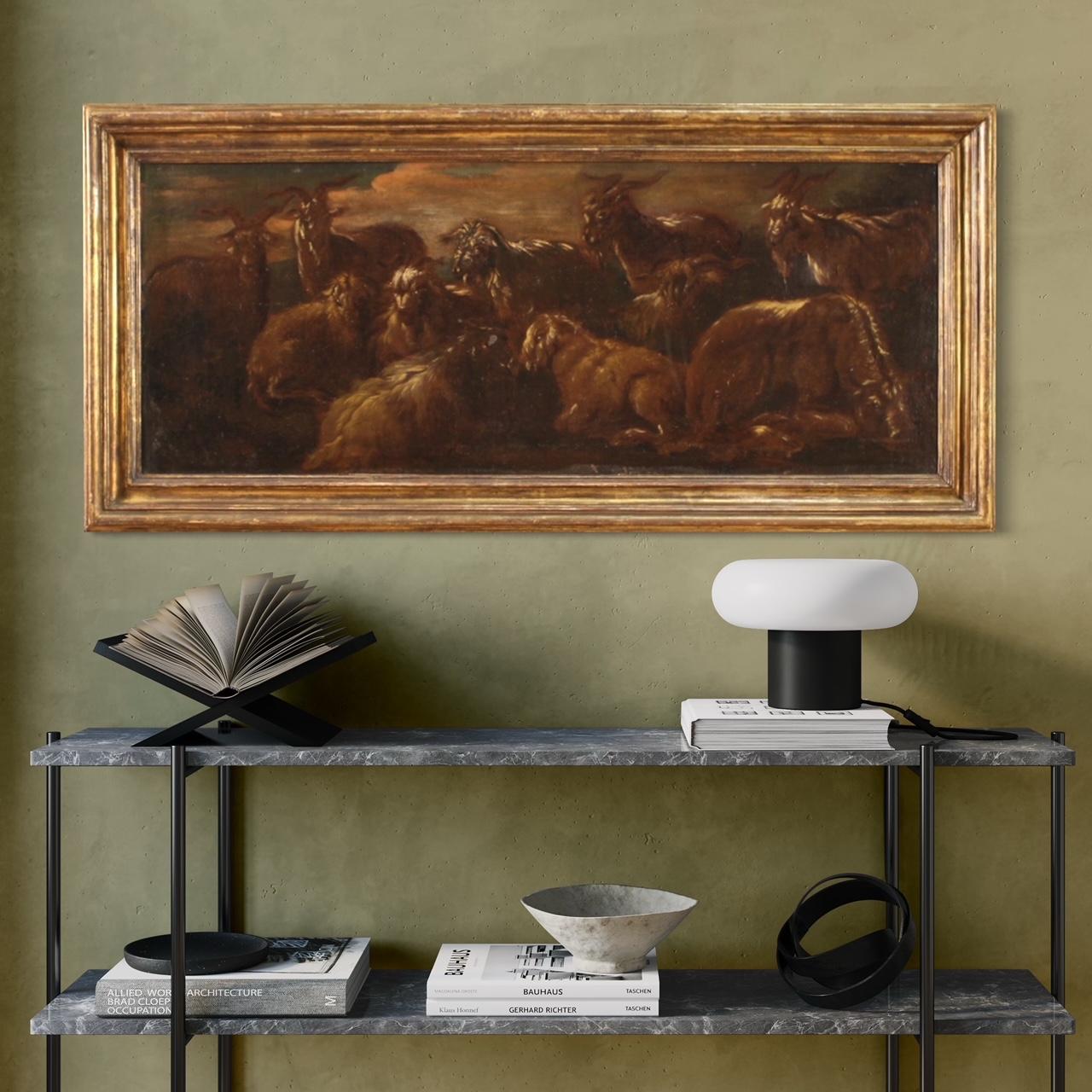 Late 17th Century 17th Century Oil on Canvas Italian Landscape with Goats Painting, 1680 in vendita