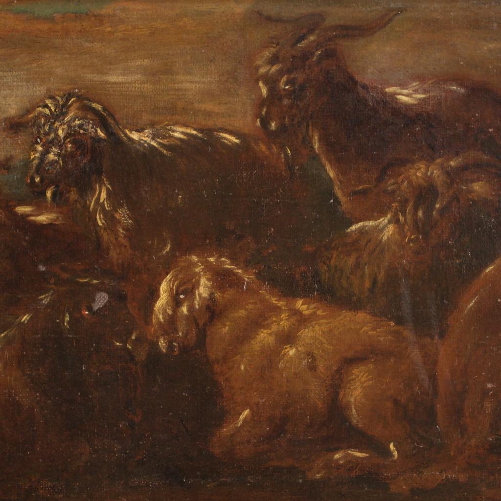 17th Century Oil on Canvas Italian Landscape with Goats Painting, 1680 in vendita 2
