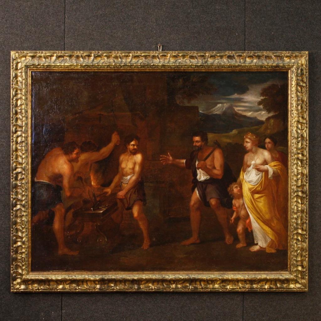 Antique Italian painting from the second half of the 17th century. Framework oil on canvas depicting mythological subject Venus and Cupid in the forge of Vulcan of excellent pictorial quality. Modern chiseled and gilded frame (bronze tint) of