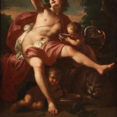 Huile sur toile italienne du 17ème siècle - Peinture mythologique italienne - Bacchus et amour, 1660