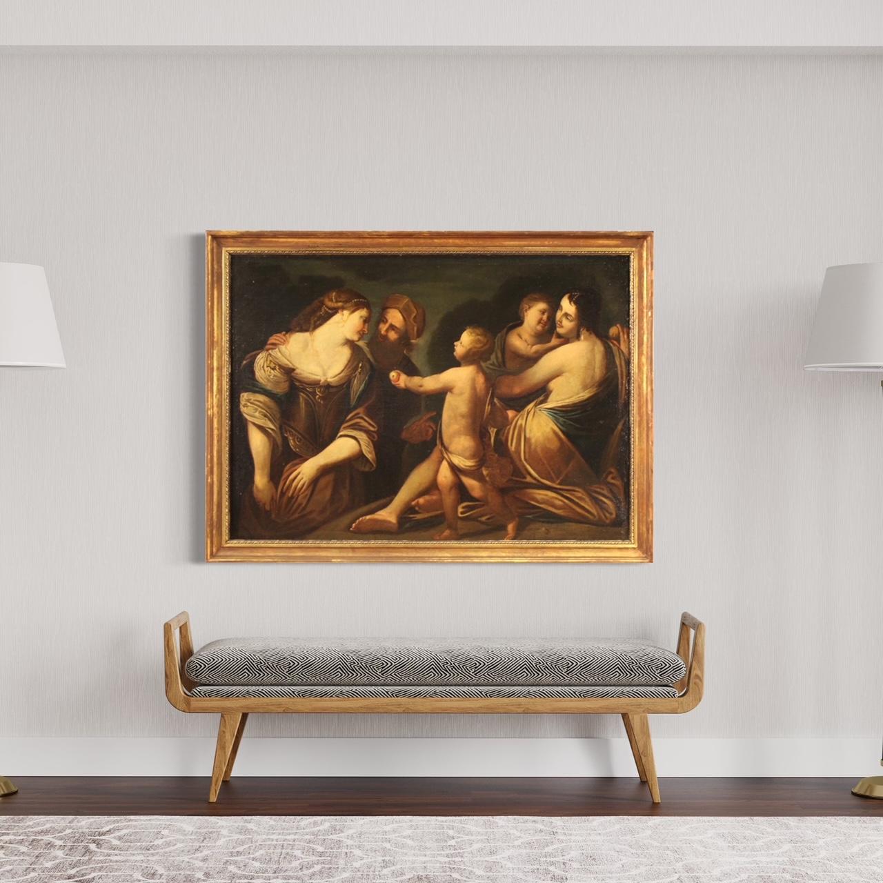 Antique Italian painting from the 17th century. Artwork oil on canvas depicting a mythological subject with female characters and cherubs of good pictorial quality. Painting that develops horizontally, we find in the center a beautiful putto who