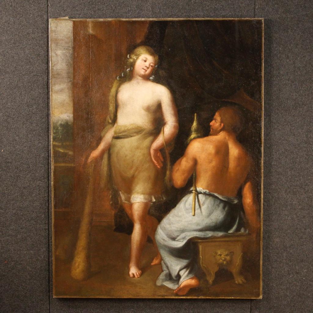 Antique Italian painting from 17th century. Framework oil on canvas depicting mythological subject Hercules and Onfale of excellent pictorial quality. Nice sized and pleasantly decorated framework, without frame, for antique dealers, interior