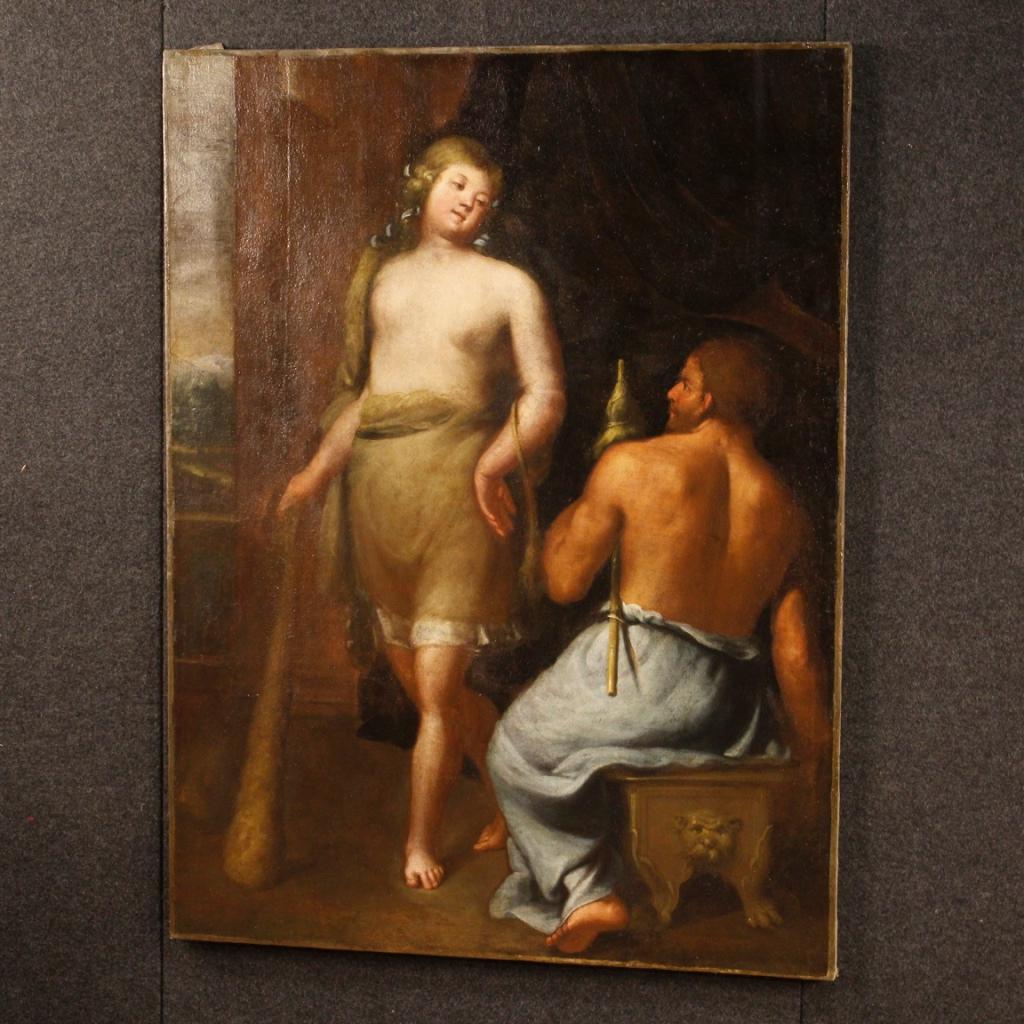17th Century Oil on Canvas Italian Mythological Painting Hercules and Onfale 5