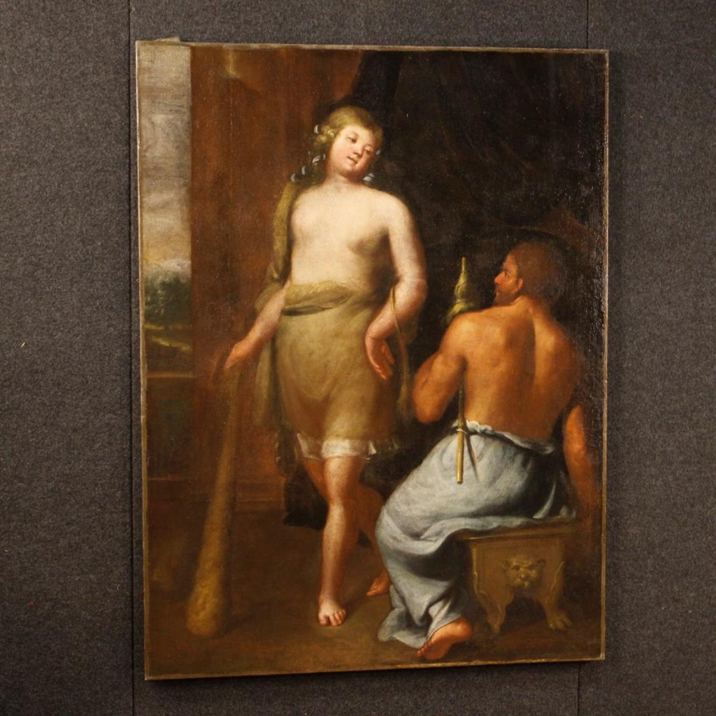 17th Century Oil on Canvas Italian Mythological Painting Hercules and Onfale 6