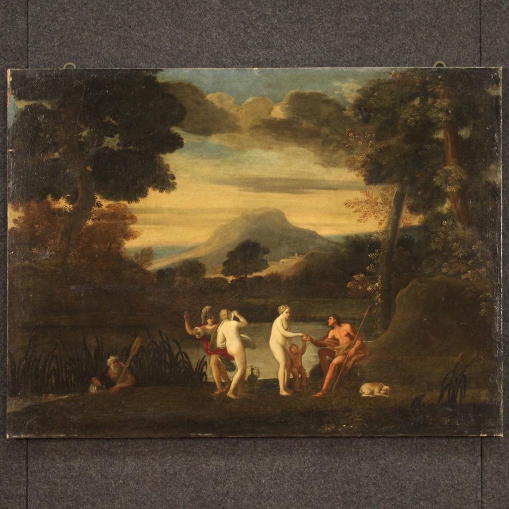 Antique mythological painting from 17th century depicting the judgment of Paris. The Trojan prince must donate the golden apple to the most beautiful of Athena, Hera and Aphrodite. The latter offered our hero the love of Elena and the choice of her
