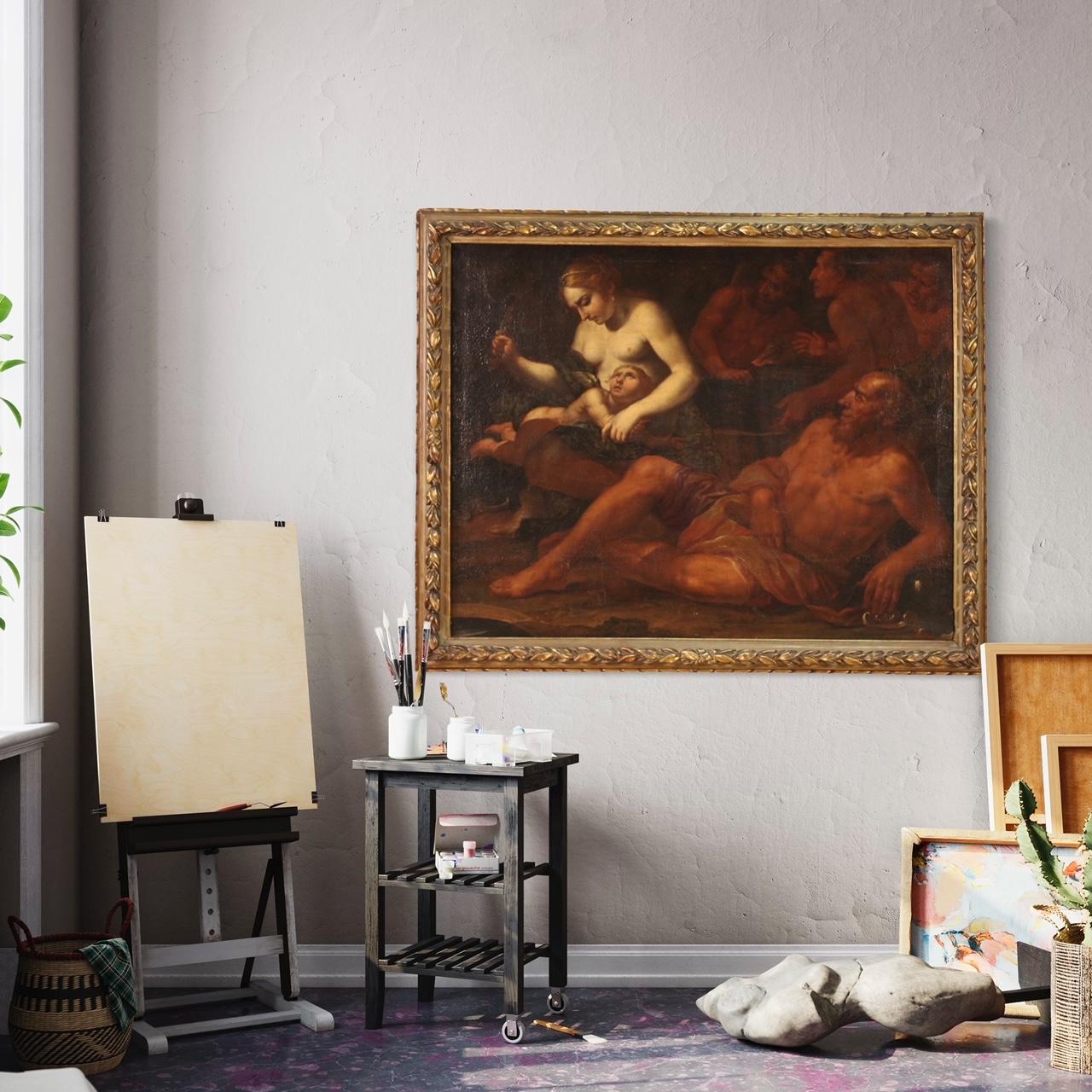 17th Century Oil on Canvas Italian Mythological Painting Venus Flogging Love 9