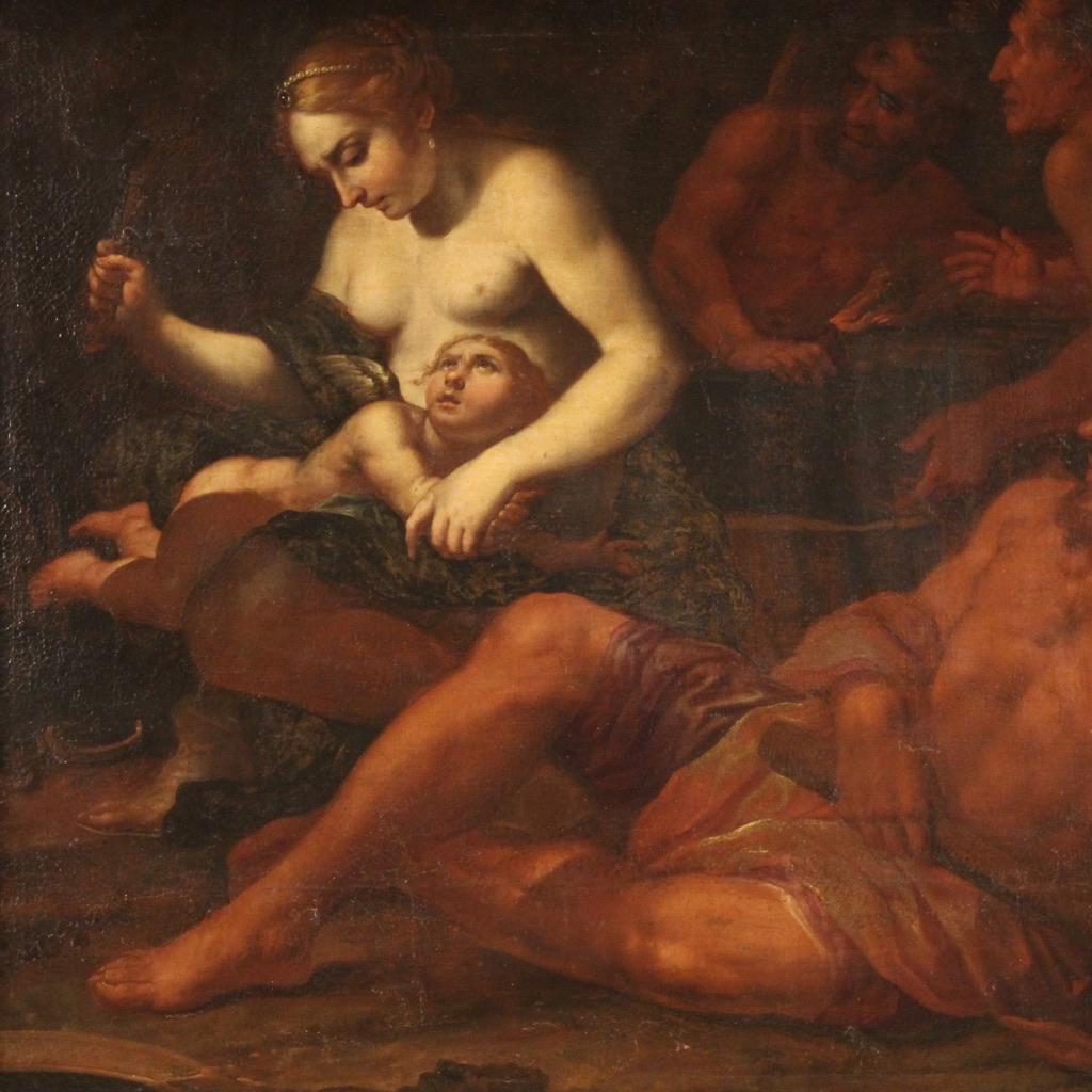 Splendid mythological painting from the 17th century. Oil artwork on canvas depicting a highly fascinating subject, Venus Punishes Love. We find the Goddess with her son on her lap, he tries to wriggle away in fear while Venus is ready to hit him